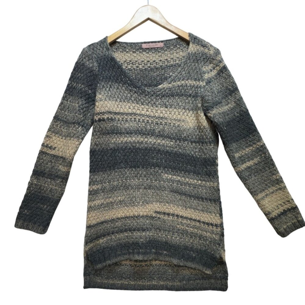 Elsamanda Womens Tunic Sweater Medium Gray Chunky Knit V-Neck Pullover Classic